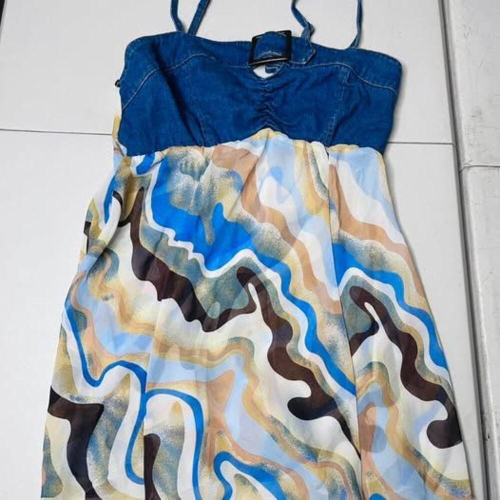 Women’s Denim Bustier Cami Top Abstract Swirl Print Spaghetti Strap Y2K